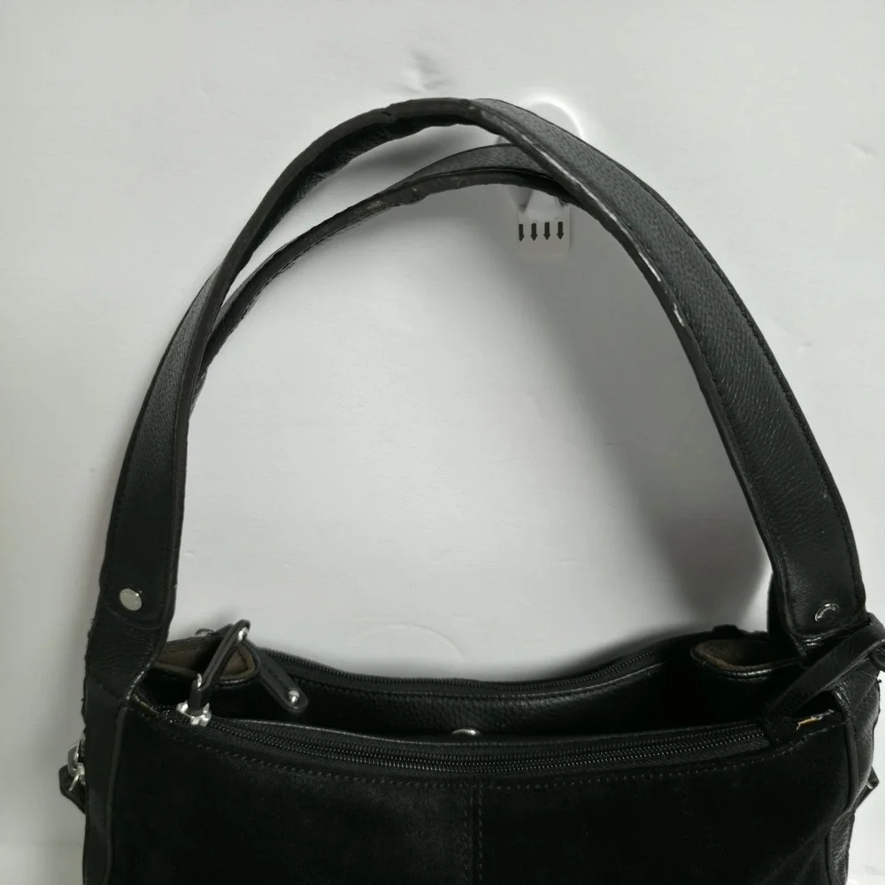 Tignanello Black Suede Leather Shoulder Bag Hobo Purse Panel Stitch Zip Top